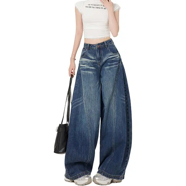 如续 美式高街立体裁剪廓形水洗弯刀拖地裤长裤&加长牛仔裤 女款