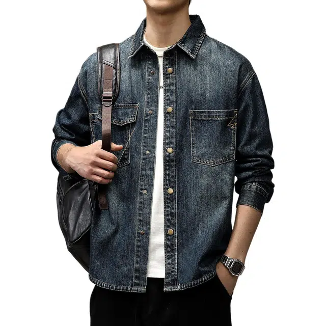 贵色 大码潮牌工装休闲外套日系高级简约多口袋潮流水洗重磅牛仔长袖衬衫 男女同款 蓝色