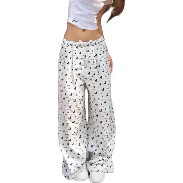 哒头下雨不愁 时尚减龄满印小狗宽松阔腿裤显瘦百搭休闲裤 女款