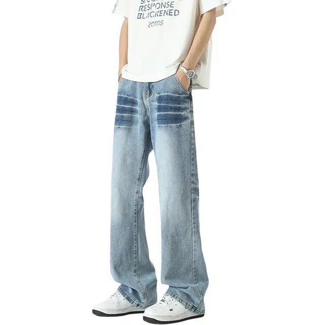 童先森 小众裂纹设计水洗美式潮流休闲百搭合身直筒长裤牛仔裤 男款