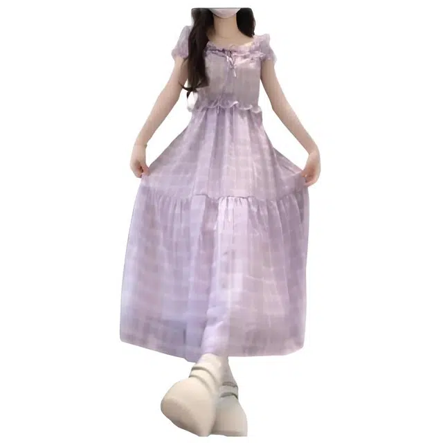 天才小熊 女装法式荷叶边褶皱木耳独特漂亮连衣裙夏季收腰显瘦度假风长裙 女款