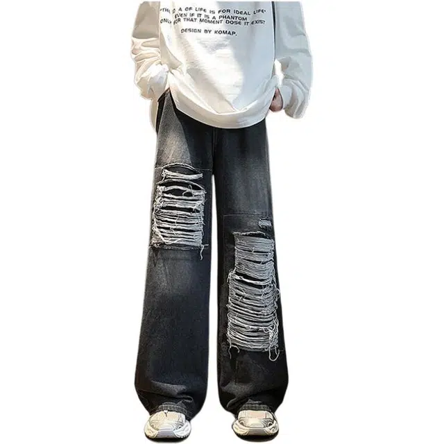 沃马 美式高街潮流破洞弯刀水洗做旧阔腿直筒宽松复古重工牛仔裤 男女同款