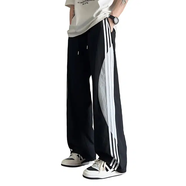 冈哉 美式高街织带三条杠撞色拼接设计中腰系带宽松百搭舒适透气速干伞兵裤休闲裤 男女同款