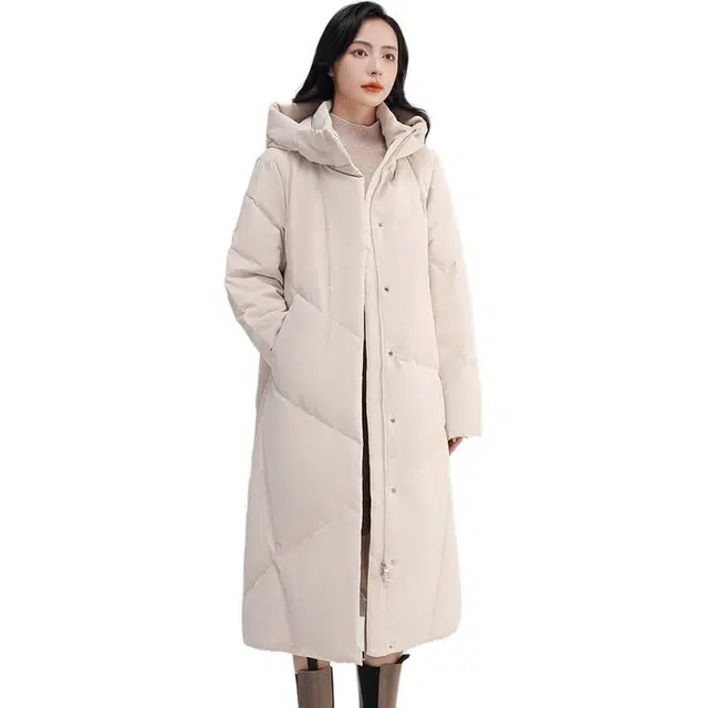 鸭鸭 纯色长款连帽加厚长袖羽绒服 女款