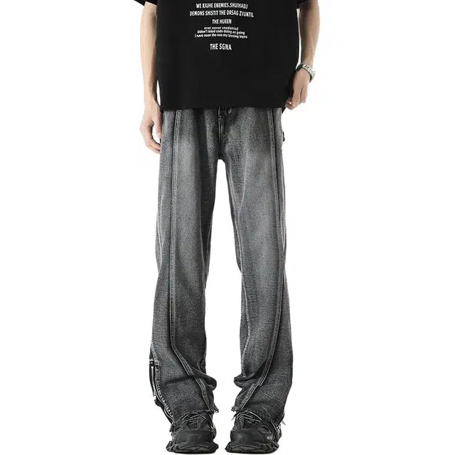 童先森 美式高街脏洗潮牌做旧直筒休闲微喇长裤牛仔裤 男款