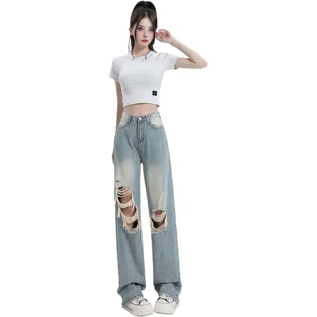 么宁 高腰夏季破洞宽松水洗阔腿裤显瘦遮肉设计时尚拖地裤牛仔裤 女款