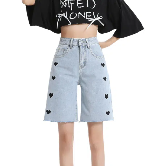 玫丝朵 宽松高腰拉链爱心五分牛仔短裤 女款 蓝色