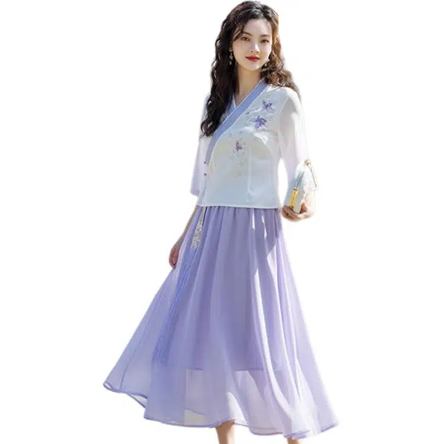 丝絮丝绸 新中式古风蕾丝复古领裙装套装 女款