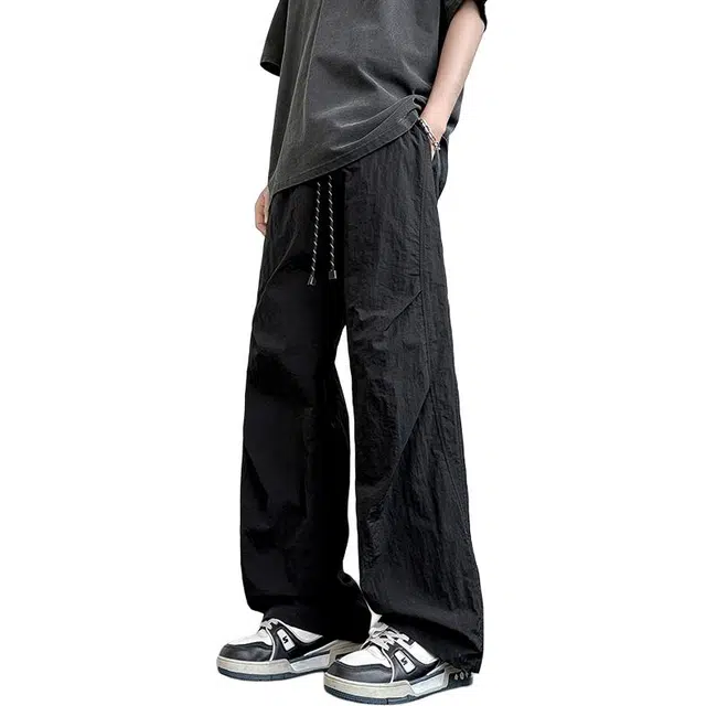 协协乐 夏季薄款冰丝凉感透气宽松阔腿拖地裤百搭运动设计感美式高街长裤休闲裤 男款