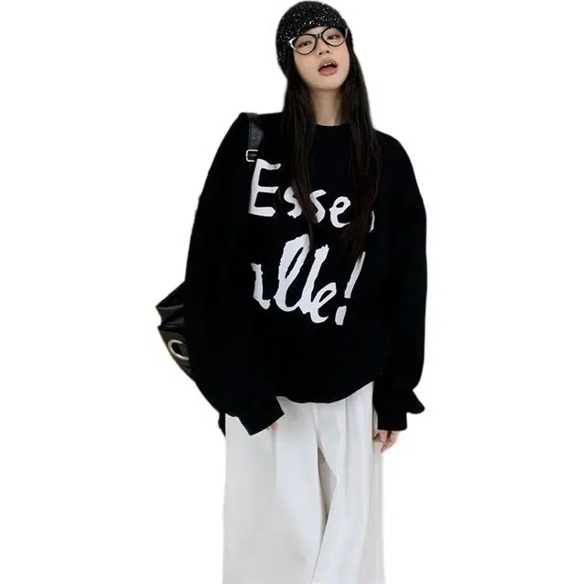 木清清 美式圆领无帽设计感宽松薄款慵懒风潮牌学生长袖卫衣 女款