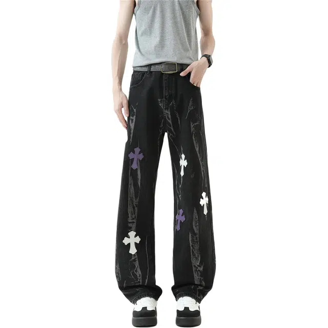 宝米卡 十字架潮款美式高街百搭牛仔裤 男女同款