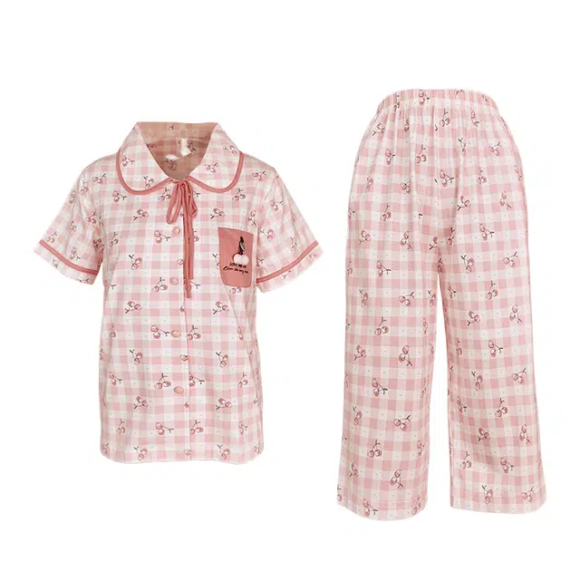 芬腾 女士夏季全棉薄款家居服卡通韩版纯棉短袖七分裤裤可外穿甜美少女空调服睡衣套装 女款