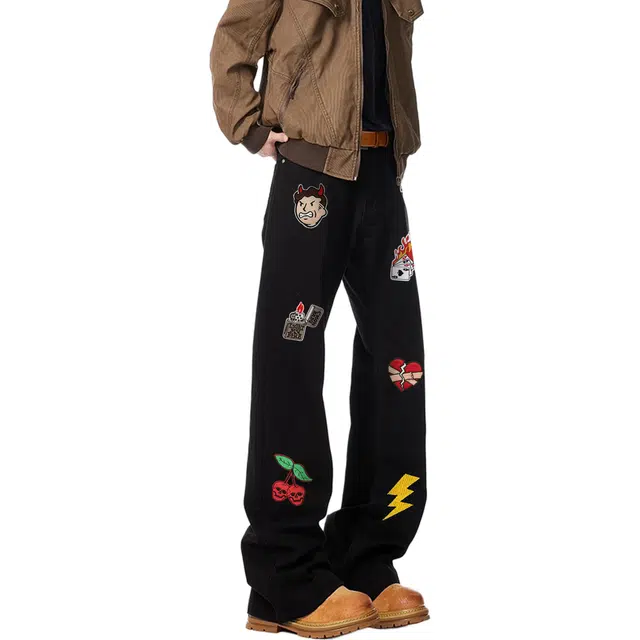 物质公式 美式高街复古潮牌个性创意图案印花设计宽松微喇叭水洗做旧高级感废土风炸街痞帅牛仔裤 男女同款