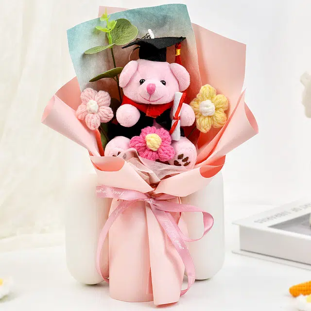 礼莎 毛线花束成品手工编织花 向日葵针织玫瑰花博士熊毕业娃娃 玩偶周边