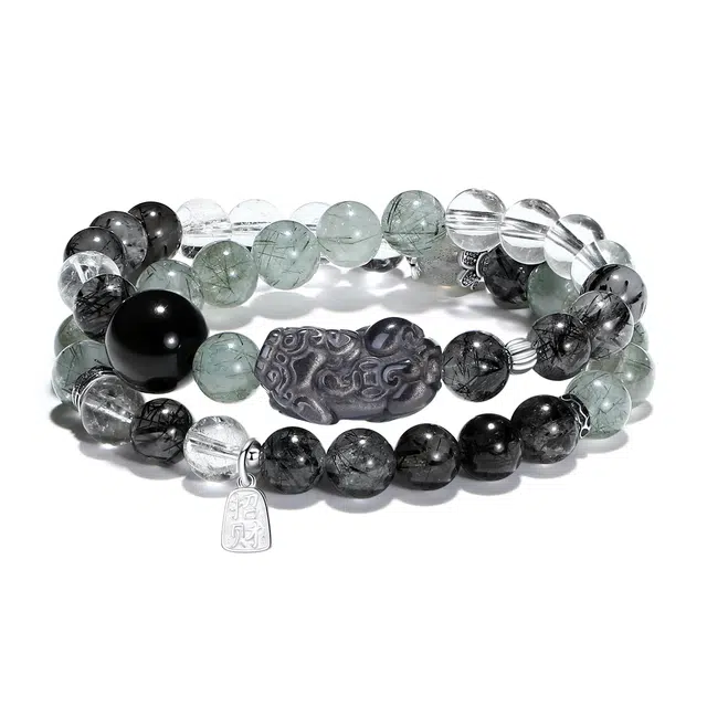 【普陀山官方已过香】 普陀山文创 招财纳福银曜石百搭貔貅吞金暴富发财国潮黑发晶财源广进转运#好运 黑曜石 手串 男女同款情侣款
