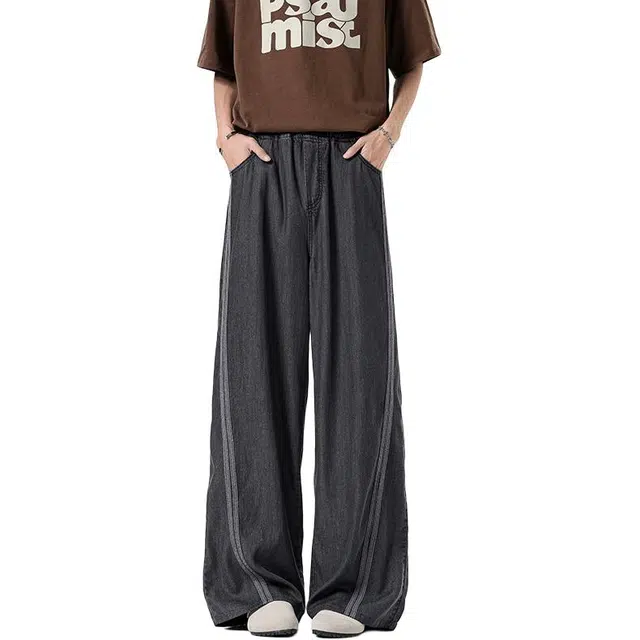 佐菲利 条纹拼接冰丝宽松拖地潮流美式休闲裤 男女同款