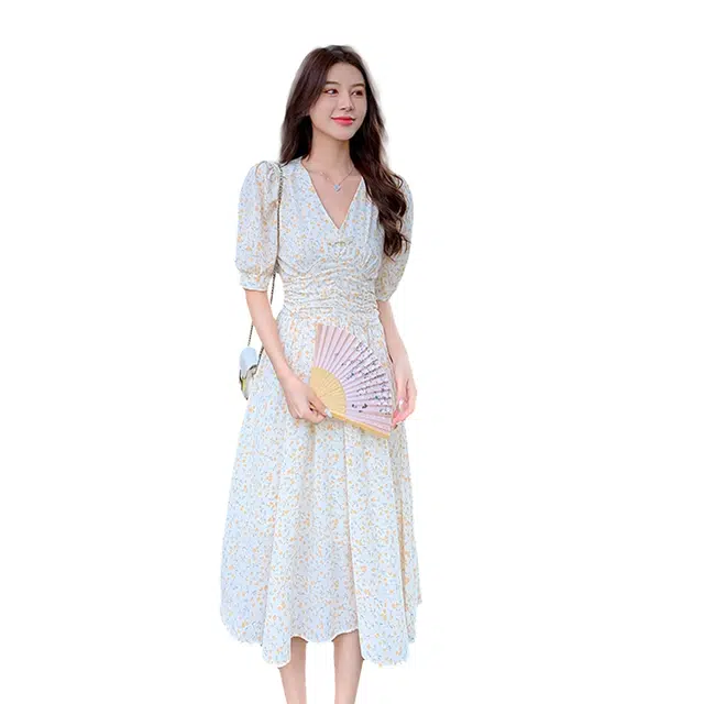 比利斯山羊 新中式复古印花雪纺短袖连衣裙 女款