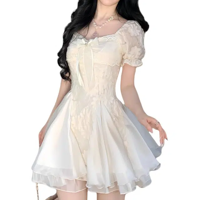 棉基因 法式纯欲气质蓬蓬网纱拼接公主裙减龄短袖连衣裙 女款