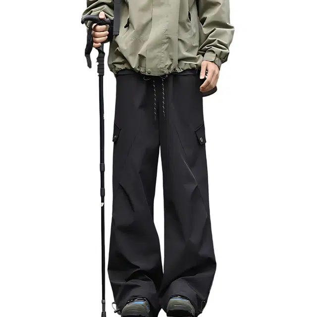 冈哉 山系户外抽绳裤脚松紧调节褶皱拼接口袋设计工装基础款日常通勤宽松时尚百搭舒适直筒垂感休闲裤 男女同款