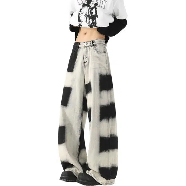 沃马 美式高街渐变扎染宽松直筒弯刀水洗做旧废土风牛仔裤 男女同款