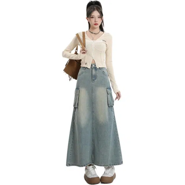 法文箱子 通勤气质高腰显瘦百搭休闲牛仔长裙 女款 浅蓝色