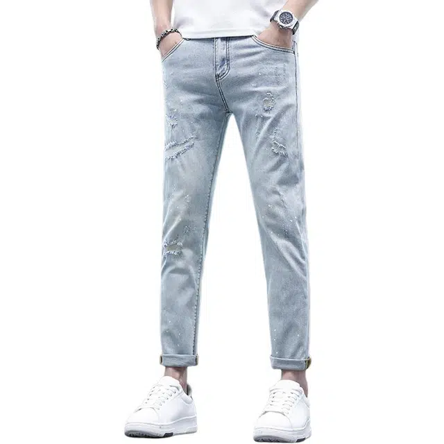 吉肯蒂 薄款修身百搭破洞裤子牛仔裤 男款