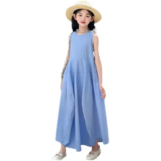 木木兔连衣裙 时髦洋气夏季薄款宽松舒适中大童时尚百搭个性女孩无袖长裙