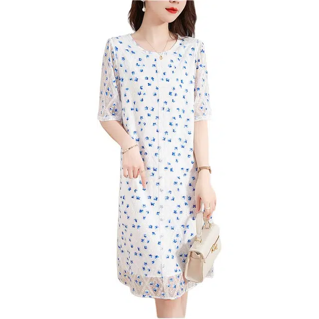 水墨佳人 满印碎花简约舒适休闲短袖连衣裙 女款 白色