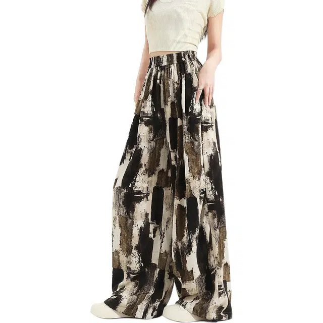 法文箱子 夏季高腰垂感迷彩阔腿长裤休闲裤 女款