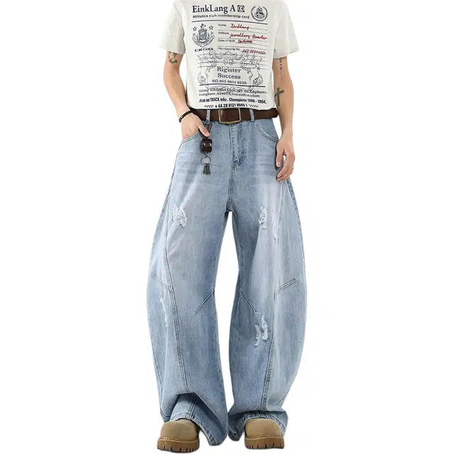 隐狼世家 美式中性破洞弯刀潮牌设计感宽松解构百搭直筒阔腿长裤牛仔裤 男款