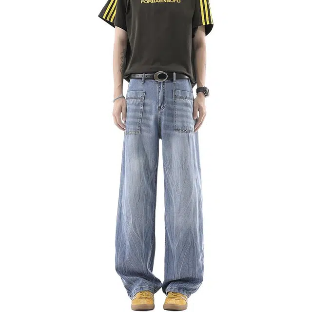 沃马 美式高街拼接弯刀水洗做旧废土高级纯色复古重工牛仔裤 男女同款