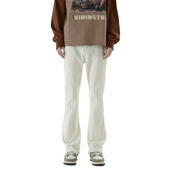 物质公式 美式复古高街纯色水洗做旧基础款中腰宽松弹力修身显瘦百搭垂感黄泥染微喇直筒分割线拼接牛仔裤 男女同款