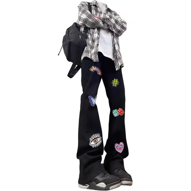 物质公式 潮牌美式高街复古潮牌水洗做旧废土风高级休闲长裤时尚个性创意仿万针刺绣图案印花设计微喇叭弯刀日常通勤牛仔裤 男女同款