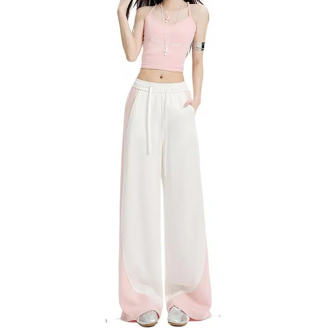 拾籍 星空纹拼接撞色抽绳松紧腰头阔腿裤女夏季时尚宽松显瘦百搭束脚弯刀裤休闲牛仔裤 女款