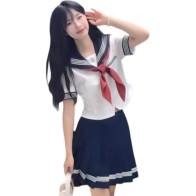 沐晓欣 拼接修身适中海军领短袖裙装套装 女款