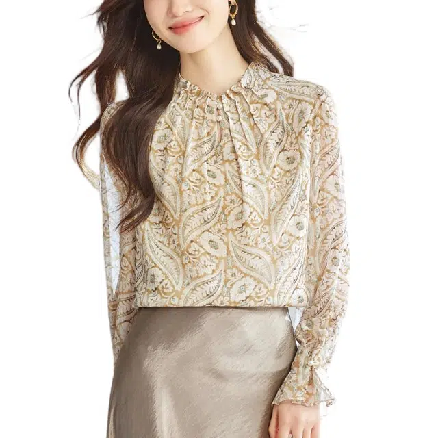 曲韩 立领长袖碎花雪纺衫女上衣洋气小衫遮肚子衬衫 女款 腰果花