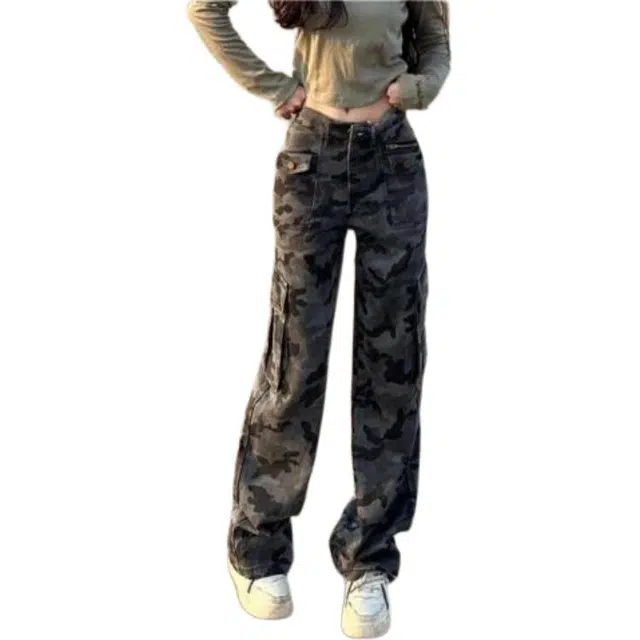 么宁 高街迷彩工装辣妹高腰宽松显瘦休闲阔腿拖地裤牛仔裤 女款
