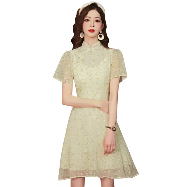丝絮丝绸 新中式复古立领短款舒适碎花短袖连衣裙 女款