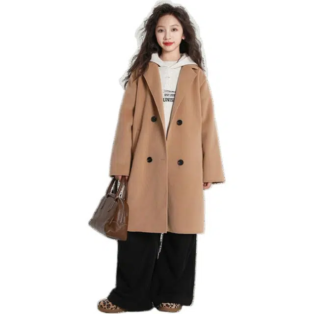 雅鹿 翻领洋气纯色长袖大衣 卡其色 青少年