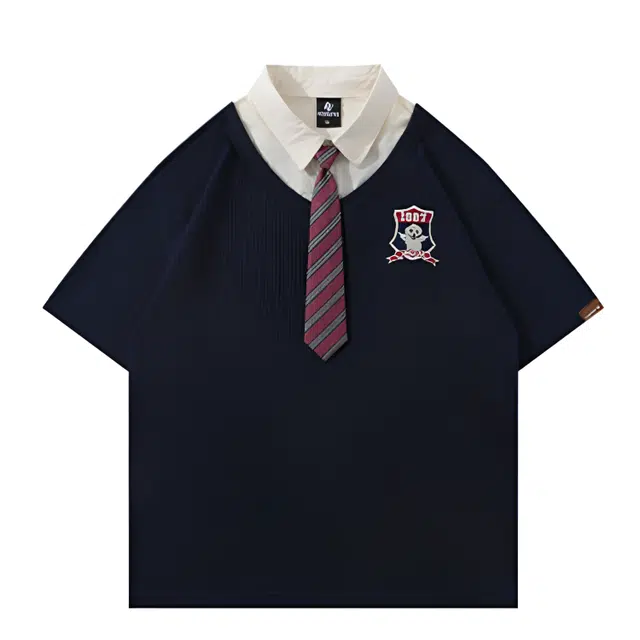 小卷要加油 日系学院风假两件领带短袖卫衣 女款