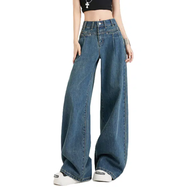 怪力萝莉 高腰宽松休闲褶皱通勤舒适经典时尚百搭阔腿裤牛仔裤 女款