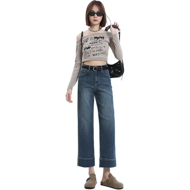 思蓓儿 九分直筒裤设计感时尚皮牌高腰显瘦百搭牛仔裤 女款