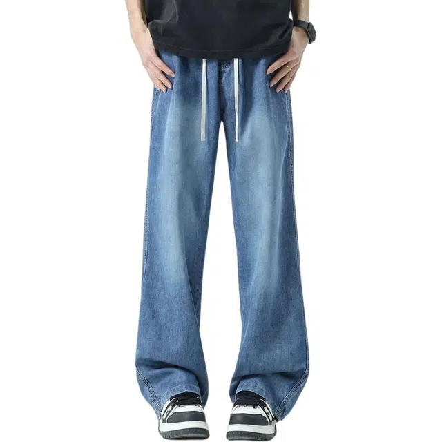 宝米卡 夏季薄款深蓝潮牌阔腿长裤宽松直筒冰丝裤子牛仔裤 男女同款