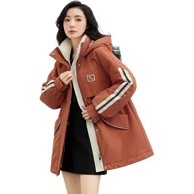 鸭鸭 拉链条纹连帽中长款羽绒服 女款