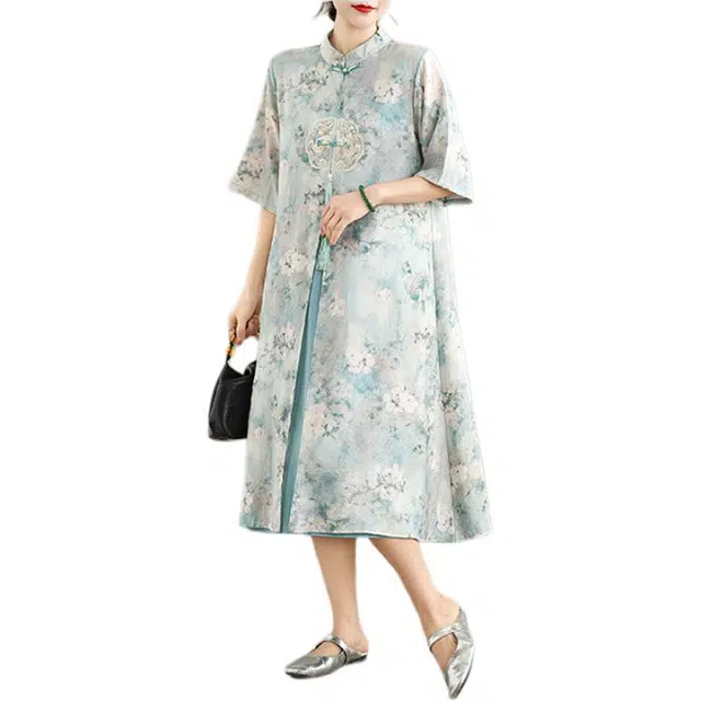 丝絮丝绸 新中式文艺典雅复古高端大气国风短袖连衣裙 女款