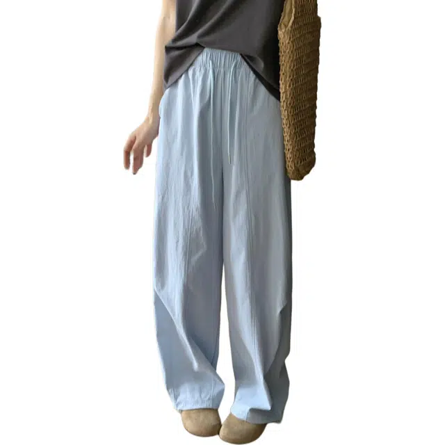 水中花 绣花松紧腰高腰穿速干宽松阔腿裤长裤休闲裤 女款