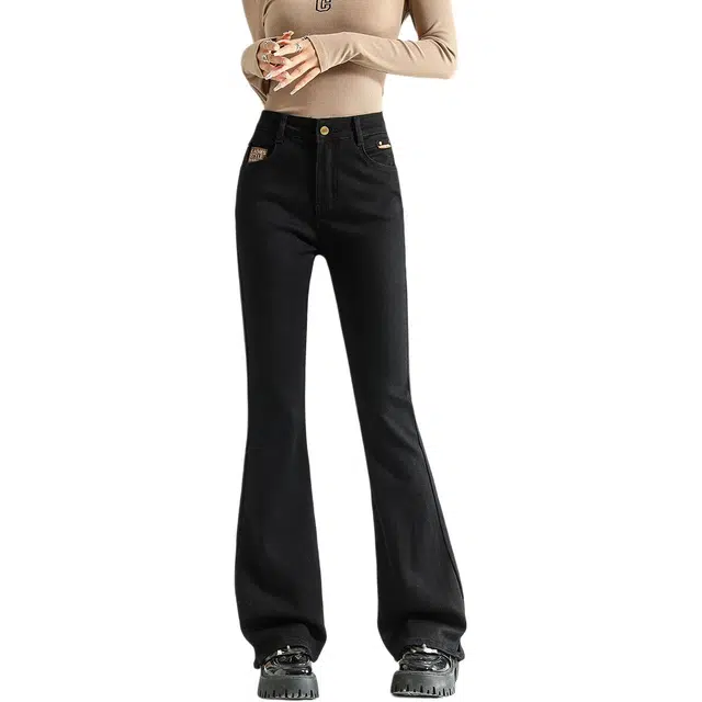 法文箱子 复古微喇气质纯色修身高腰长裤牛仔裤 女款