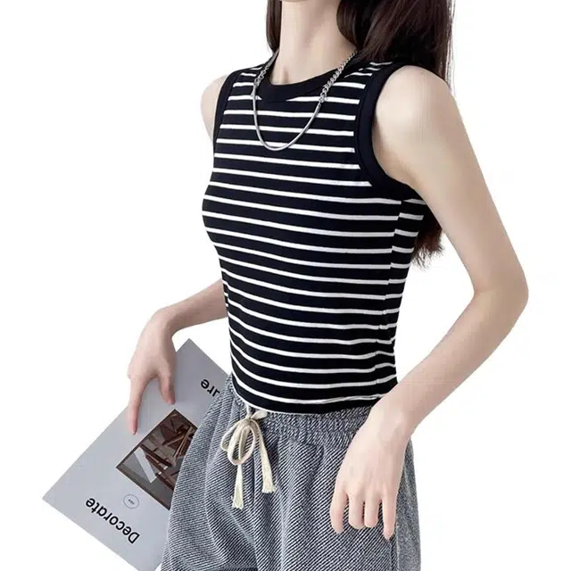 黑恐龙 棉质吊带女内搭外穿薄款条纹带胸垫文胸一体打底上衣背心 女款