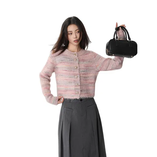 柏黛妃 小香风慵懒风短款开衫针织衫 女款 粉色