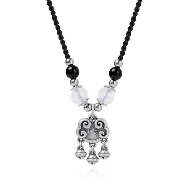 【999足银纯银 平安喜乐】 七好美银 如意锁平安扣新中式古法复古车国风百搭极简福气平安小众设计高级感 玻璃猫眼 项链 男女同款情侣款